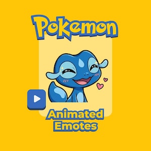 May include: A digital graphic featuring a blue cartoon character with a smiling face and two pink hearts. The word "Pokemon" is at the top, and "Animated Emotes" is at the bottom. A blue play button is on the left.