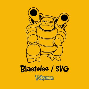 Może przedstawiać: Czarna ilustracja liniowa postaci Blastoise na jednolitym żółtym tle. Poniżej postaci znajduje się napis Blastoise / SVG, a następnie słowo Pokemon w charakterystycznej niebiesko-żółtej, stylizowanej czcionce.