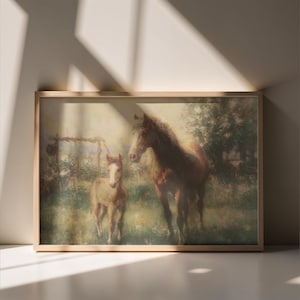 野花畑の馬のプリント：ヴィンテージの素朴な乗馬ウォールアート