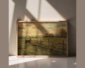 May include: A framed landscape painting depicts a horse in a field with a wooden fence. The artwork features a barn, trees, and a sunset with warm, golden hues. The painting is in a wooden frame.