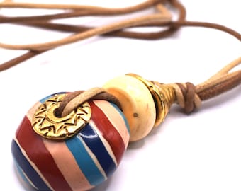 Vintage Pendant Necklace, Multicolor Striped  Resin, Cotton Cord