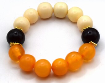 Chunky Statement White / Orange / Black Beaded Stretchy Bracelet, Boho Chic Style