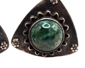 Vintage Triangle Filigree Cuff-links, 925 Sterling Silver and Malachite / Eilat-Stone, Israel