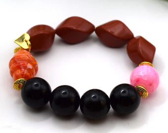 Chunky Statement Brown / Black / Pink / Orange Beaded Stretchy Bracelet, Boho Chic Style