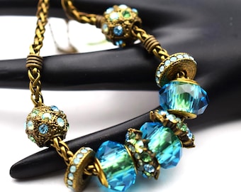 Michal Negrin Bronze Bracelet with Turquoise Glass beads & Swarovski Crystals, NEW!
