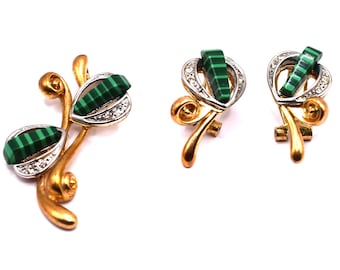 EB Signed Vintage Set of Pendant & Earrings, Green Cabochons and Clear Rhinestones