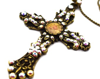 Vintage Michal Negrin Long Cross Pendant, Victorian Style, Bronze & AB Swarovski Crystals, NEW!