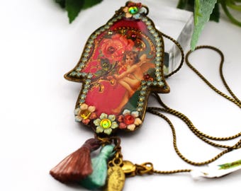 Michal Negrin Victorian Style Pendant Necklace,  Hamsa Angel Pendant, NEW