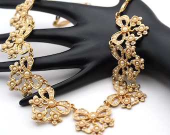 Michal Negrin Bib Necklace, Gold-tone Metal & Faux Pearls, Bridal Necklace, NEW!