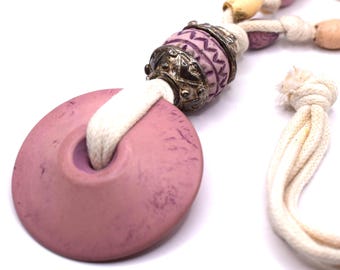 Vintage Jacky De G Paris Pendant Necklace, Light Purple Resin, Cotton Cord