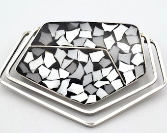 Vintage Pin Brooch Pendant, Sterling Silver & Mother-of pearl Mosaic, REUVEN Israel