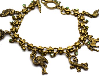 Michal Negrin Bracelet, Bronze Animal Charms & Swarovski Crystals, NEW!