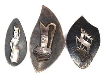 Vintage Israeli Silver Brooch Lot of 3 | Handmade Mid-Century Artisan Pins | Judaica & Folk Art Jewelry | Collectible Israel Silver Brooches