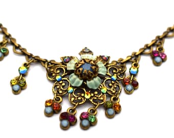 Michal Negrin Victorian Style Floral Bib Necklace, Colorful Swarovski Crystals, NEW!