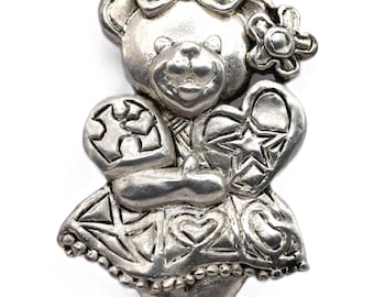 Jacky De G Paris Vintage Pin Brooch, Silver-tone Metal Lady Teddy Bear Theme , New
