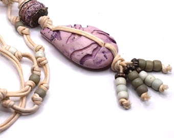 Vintage Jacky De G Paris Pendant Necklace, Light Purple Resin, Cotton Cord, Metal Beads