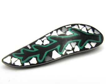 Vintage Leaf Shape Mosaic Pin Brooch Pendant, Sterling Silver, Mother-of pearl & Enamel