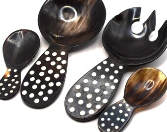 Vintage Hand-Carved Horn Salad Serving 4 pieces Set with inlaid White Dot Handles - Artisan Tableware