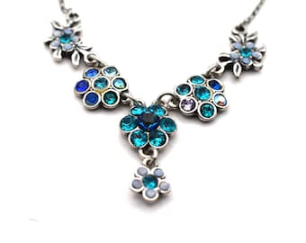 Michal Negrin Floral Bib Necklace, Turquoise Blue Swarovski Crystals, NEW!