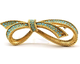 Vintage JOMAZ Turquoise Glass Bow Brooch | Joseph Mazer Gold Tone Ribbon Pin | Mid Century Designer