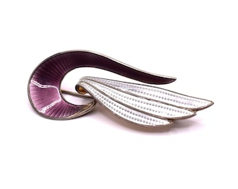 Vintage Aksel Holmsen Norway Wing Pin Brooch, Sterling Silver Guilloché White & Purple Enamel
