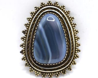 Vintage 1950's ISRAEL Filigree 935 Silver & Blue Agate Stone Pin Brooch / Pendant