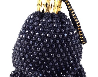 Vintage Navy Crochet Gold Gated Neck Beaded Bag Purse