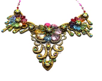 Michal Negrin Victorian Style Lace & Swarovski Crystals Bib Necklace, New!