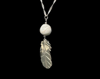 Carved Lace Agate Feather Pendant, Sterling Silver Plated Necklace