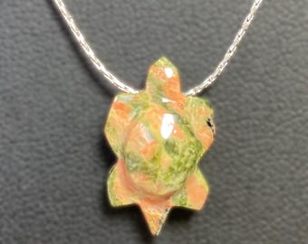 Carved Stone Turtle Pendant on Sterling Silver Plated Chain
