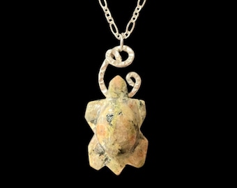 Hand Carved Stone and Fine Silver Turtle Pendant on Sterling Silver Plated Chain