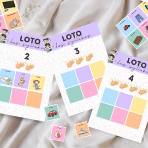 以下が含まれることがあります： イラストと「LOTO des syllabes」のテキストが特徴の教育ゲーム。テレビ、ヘリコプター、カバの画像が描かれたカードが含まれています。このゲームは教育目的で設計されています。