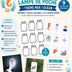 Puede incluir: Un juego de actividades para niños con temática oceánica. El conjunto incluye ilustraciones de criaturas marinas dentro de frascos, con instrucciones para imprimir, montar y revelar imágenes usando una linterna. El texto dice "Juego de Revelación con Linterna".