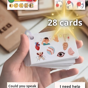 Peut inclure: Un jeu de 28 cartes illustrant des parties du corps et des niveaux de douleur. Les cartes présentent des images du cœur, de l'œil, de l'oreille et d'autres parties du corps. L'échelle de douleur va de 1 à 5, avec des expressions faciales correspondantes.