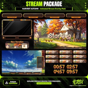 Könnte beinhalten: Ein digitales Stream-Overlay-Paket mit einem Ernte-Herbst-Thema. Das Design umfasst eine Landschaft mit einem Haus, Bäumen und Hühnern. Der Text "Stream Starting" wird zusammen mit anderen Elementen für das Streaming angezeigt.