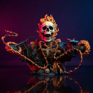 May include: A detailed bust of Ghost Rider, featuring a flaming skull and a skeletal torso. The figure is adorned with orange flames and chains, holding a motorcycle and a weapon. The color palette includes orange, black, and blue.