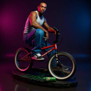 May include: A figurine of a man in a white vest and blue jeans seated on a red BMX bike. The bike has white-walled tyres and the text "Maven SLAYE" on the frame. The figurine is on a black base with a green bottle.