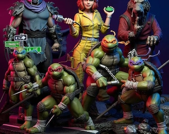 May include: A group of detailed action figures featuring characters from the Teenage Mutant Ninja Turtles franchise. The figures include the turtles, Shredder, April O'Neil, and Splinter. The figures are posed on a detailed base with street signs.