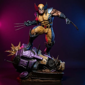 May include: A detailed Wolverine statue in a dynamic pose, clad in his iconic yellow and blue costume. The figure stands atop a damaged, metallic structure, claws extended, with a fierce expression. The statue is approximately 12 inches tall.