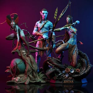May include: Three detailed Avatar figures are displayed, featuring Na'vi characters with blue skin and intricate body markings. One figure holds a bow and arrow, while another is posed with a spear. The figures are set against a backdrop of vibrant colors.