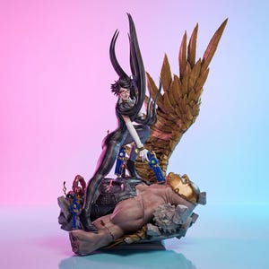 May include: A detailed figurine of a woman in a black outfit, holding two blue guns, standing on a stone base with a fallen figure and a large golden wing. The background has a gradient of pink and blue.