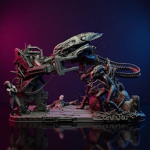 May include: A detailed sculpture depicting a scene from the Alien franchise. The artwork features a large Xenomorph Queen, several facehuggers, and a human figure in a futuristic setting. The color palette includes shades of gray, blue, red, and black.
