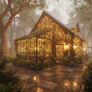 Puede incluir: Un invernadero encantador en un bosque brumoso, adornado con luces de hadas parpadeantes. La estructura de vidrio está llena de exuberante vegetación y plantas, creando un ambiente cálido y acogedor. El edificio tiene un exterior de piedra y un camino embaldosado.