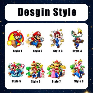 May include: A graphic chart titled Desgin Style displaying eight distinct illustrations of Mario, Luigi, Princess Peach, Bowser, Yoshi, and Toad. Each numbered style features different character poses and action scenes from the video game series.