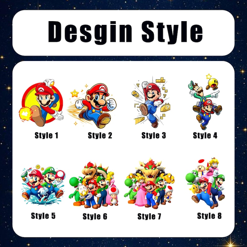 May include: A graphic chart titled Desgin Style displaying eight distinct illustrations of Mario, Luigi, Princess Peach, Bowser, Yoshi, and Toad. Each numbered style features different character poses and action scenes from the video game series.