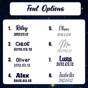 May include: A white rectangular chart titled Font Options displaying eight numbered rows of text. Each row features a unique black typeface showing a name and the date 2012.03.12. The names listed are Riley, CHLOE, Oliver, Alex, Ethan, Max, Luna, and Isabella.