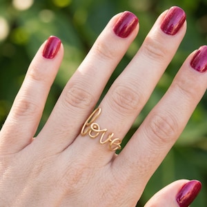 Dainty Gold 'Love' Script Ring, Wire Wrapped, Minimalist Jewelry