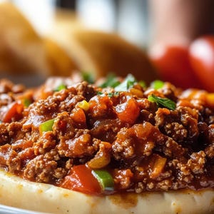 May include: A close-up of a Sloppy Joe sandwich on a white plate. The sandwich has a generous portion of ground meat and tomato sauce, with visible pieces of red and green peppers. Fresh green herbs garnish the top.