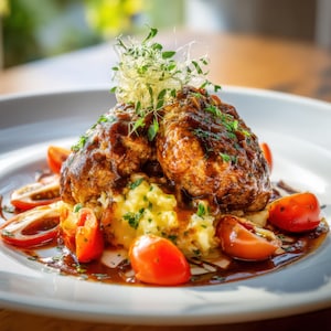 May include: A gourmet meal presented on a white plate. It features two portions of braised meat, served with mashed potatoes and garnished with herbs. Halved cherry tomatoes and a dark sauce complete the dish.