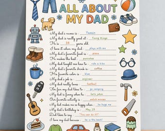 All About My Dad Printable | Father’s Day Questionnaire for Kids | Fill In The Blank Dad Keepsake | Preschool Father’s Day Activity PDF